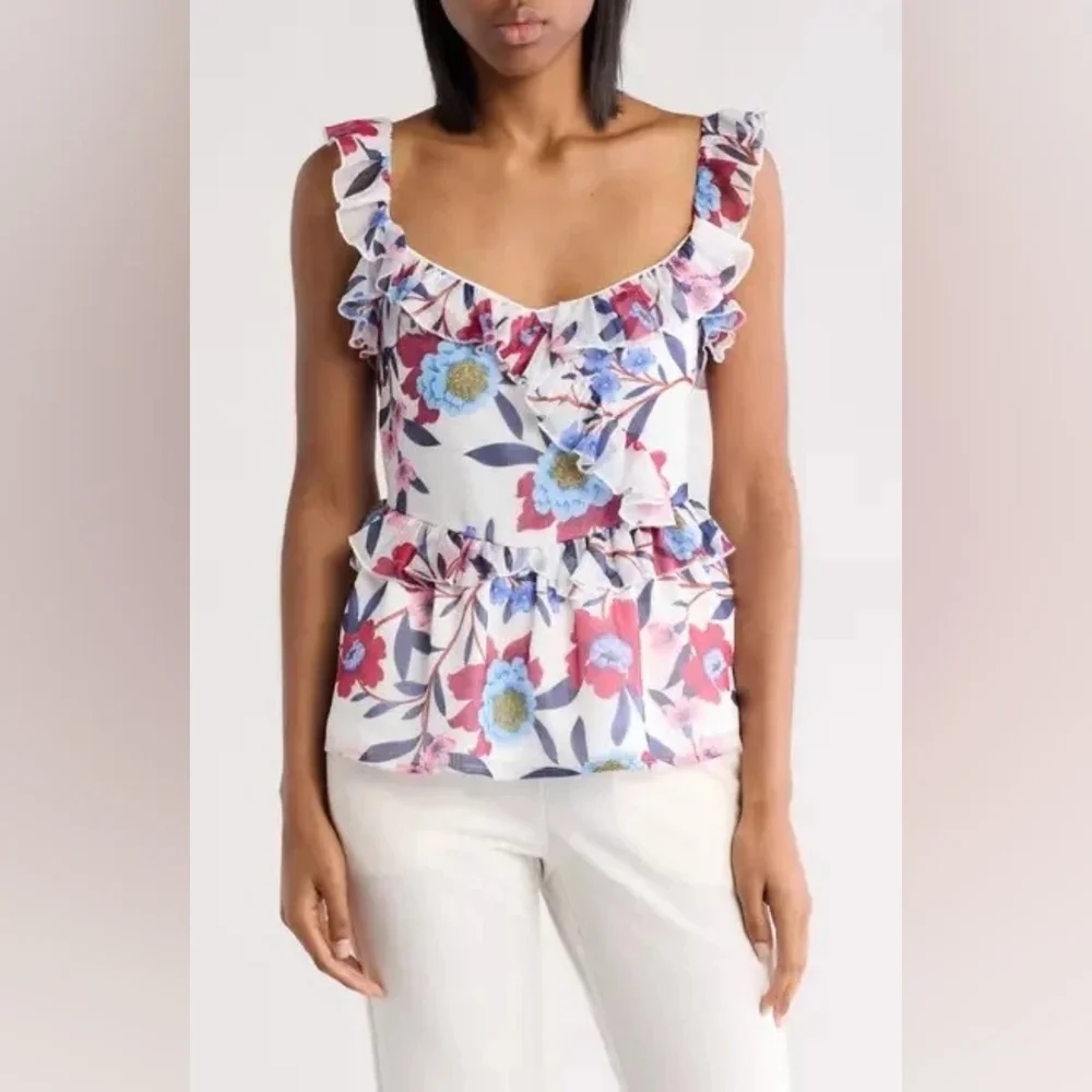 French Connection Aden Bai Lurex Cami Top Cerise Size 6 Red, Blue, White - Picture 7 of 11